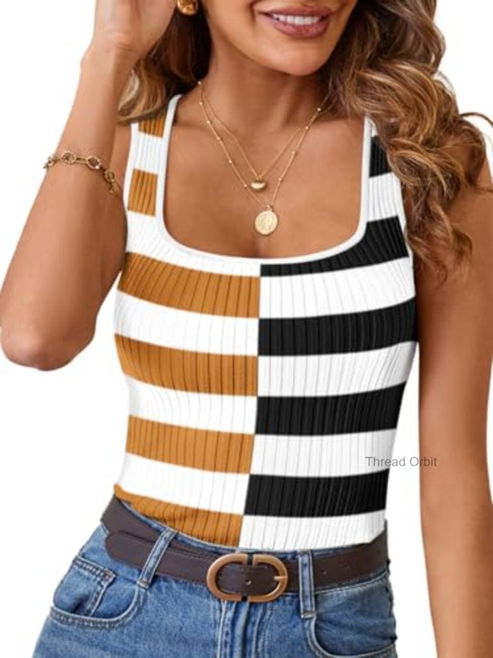 Women's Square Neck Sleeveless Ribbed Knit Tank Top - Striped Slim Fit
